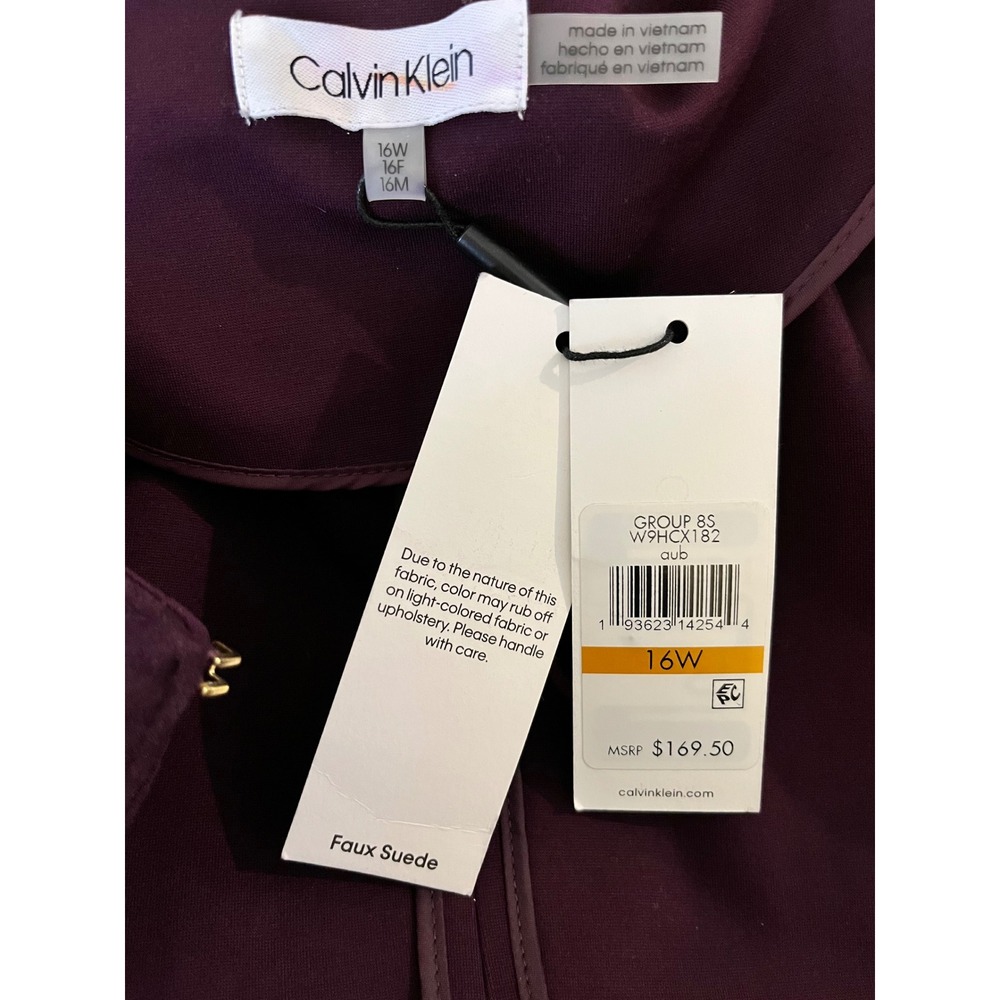 NWT Calvin Klein Mixed Media Plum Faux Suede Leather Velvet Long Jacket Size 16W - Picture 3 of 7